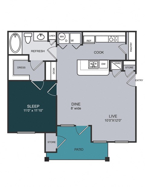 Floor plan for 1 bed, 1 bath, 751 sqft